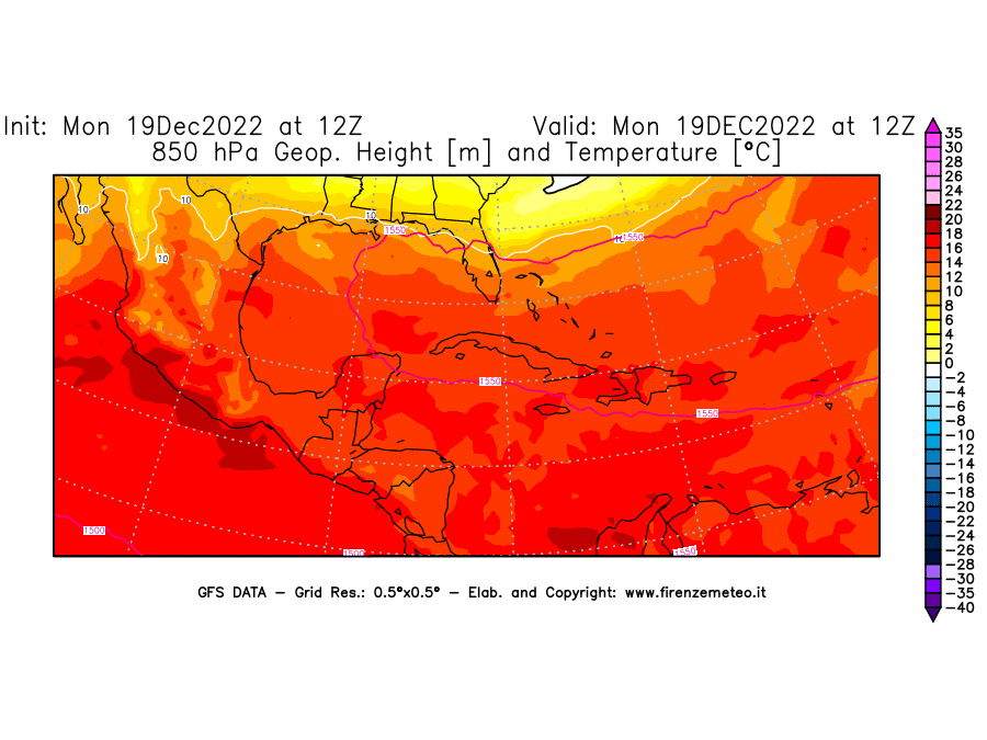 Mappa di analisi GFS - Geopotenziale [m] e Temperatura [°C] a 850 hPa in Centro-America
							del 19/12/2022 12 <!--googleoff: index-->UTC<!--googleon: index-->