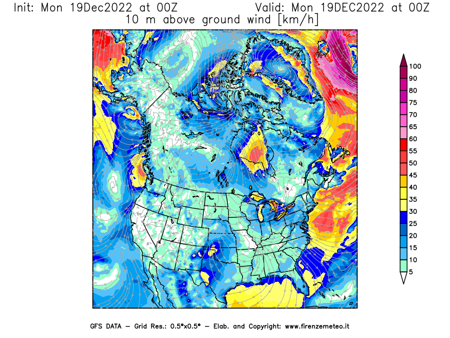 Mappa di analisi GFS - Velocità del vento a 10 metri dal suolo [km/h] in Nord-America
							del 19/12/2022 00 <!--googleoff: index-->UTC<!--googleon: index-->