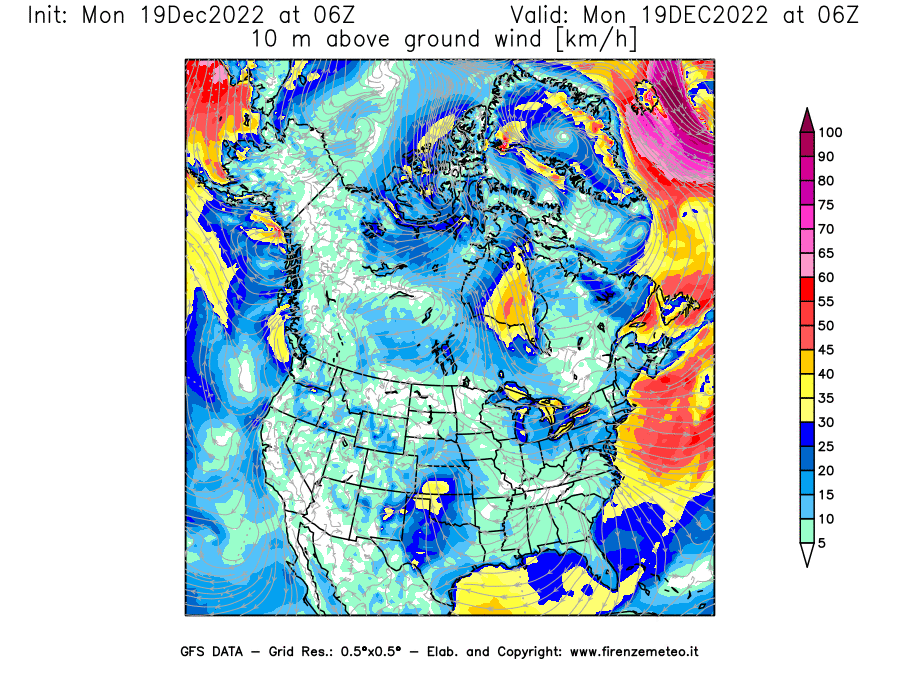 Mappa di analisi GFS - Velocità del vento a 10 metri dal suolo [km/h] in Nord-America
							del 19/12/2022 06 <!--googleoff: index-->UTC<!--googleon: index-->