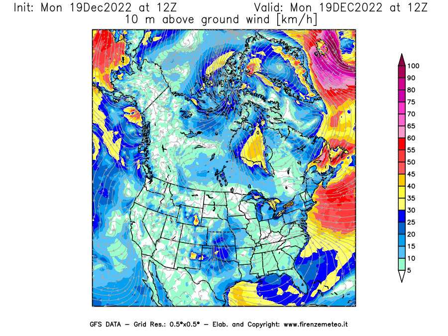 Mappa di analisi GFS - Velocità del vento a 10 metri dal suolo [km/h] in Nord-America
							del 19/12/2022 12 <!--googleoff: index-->UTC<!--googleon: index-->