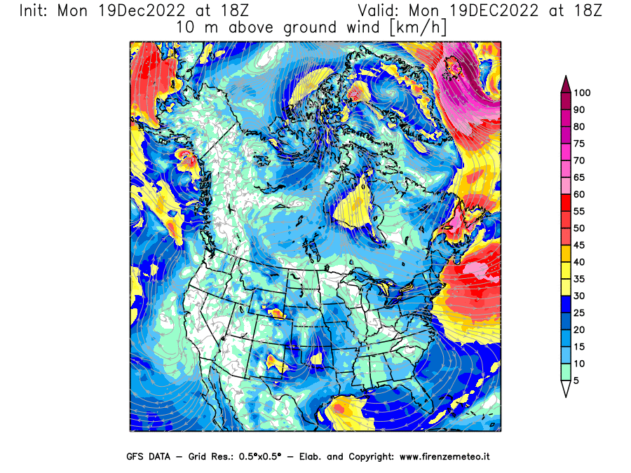Mappa di analisi GFS - Velocità del vento a 10 metri dal suolo [km/h] in Nord-America
							del 19/12/2022 18 <!--googleoff: index-->UTC<!--googleon: index-->