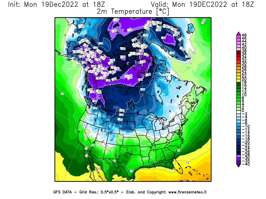 Mappa di analisi GFS - Temperatura a 2 metri dal suolo [°C] in Nord-America
							del 19/12/2022 18 <!--googleoff: index-->UTC<!--googleon: index-->
