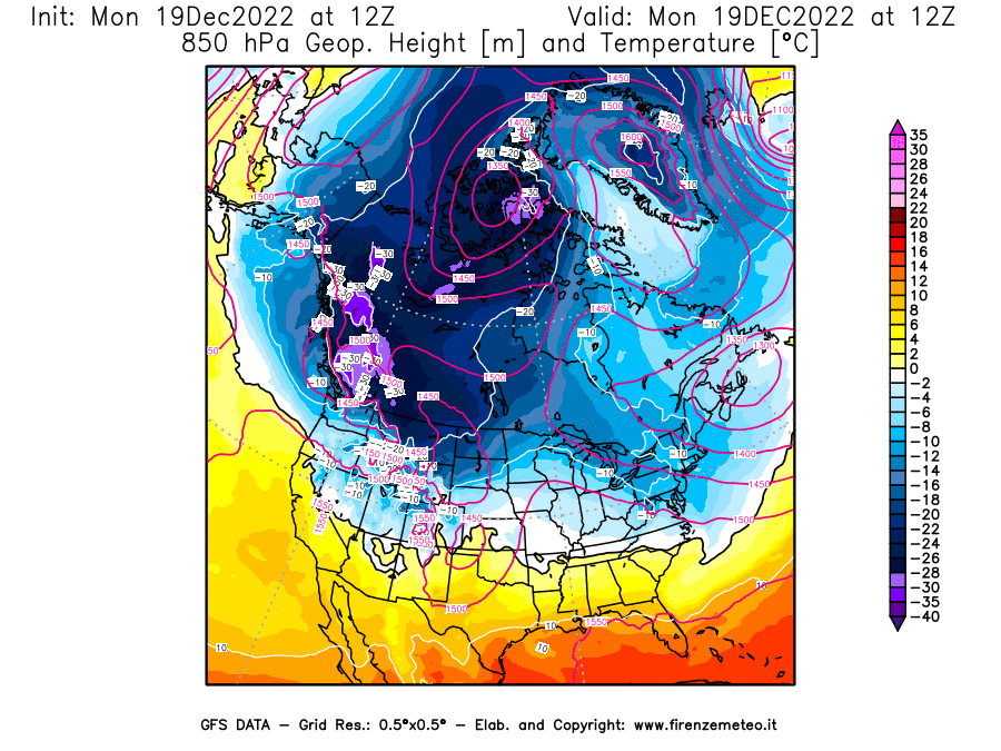 Mappa di analisi GFS - Geopotenziale [m] e Temperatura [°C] a 850 hPa in Nord-America
							del 19/12/2022 12 <!--googleoff: index-->UTC<!--googleon: index-->