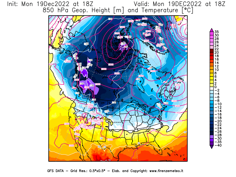 Mappa di analisi GFS - Geopotenziale [m] e Temperatura [°C] a 850 hPa in Nord-America
							del 19/12/2022 18 <!--googleoff: index-->UTC<!--googleon: index-->