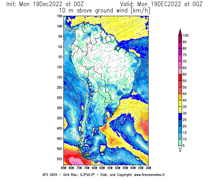 Mappa di analisi GFS - Velocità del vento a 10 metri dal suolo [km/h] in Sud-America
							del 19/12/2022 00 <!--googleoff: index-->UTC<!--googleon: index-->