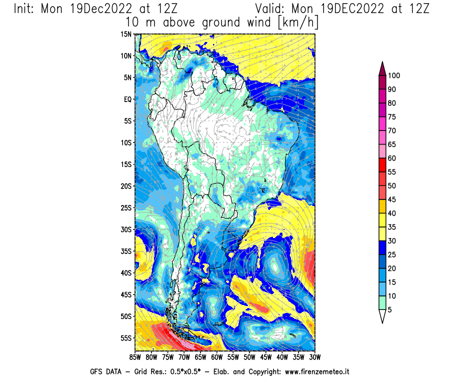 Mappa di analisi GFS - Velocità del vento a 10 metri dal suolo [km/h] in Sud-America
							del 19/12/2022 12 <!--googleoff: index-->UTC<!--googleon: index-->