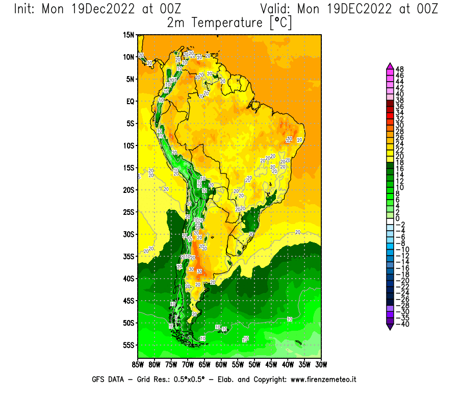 Mappa di analisi GFS - Temperatura a 2 metri dal suolo [°C] in Sud-America
							del 19/12/2022 00 <!--googleoff: index-->UTC<!--googleon: index-->