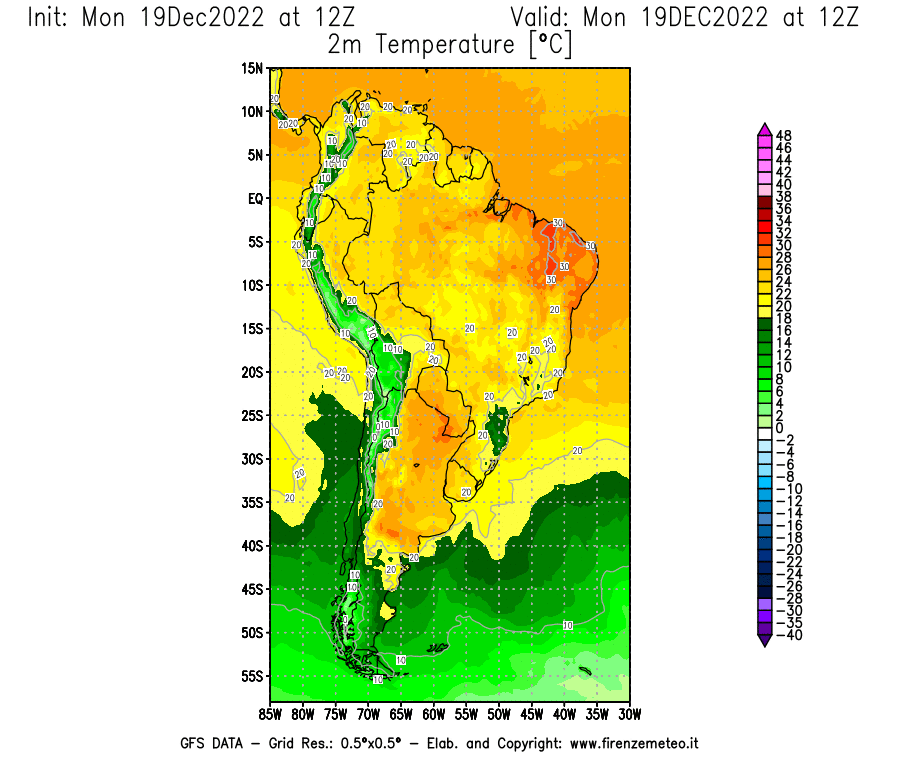 Mappa di analisi GFS - Temperatura a 2 metri dal suolo [°C] in Sud-America
							del 19/12/2022 12 <!--googleoff: index-->UTC<!--googleon: index-->