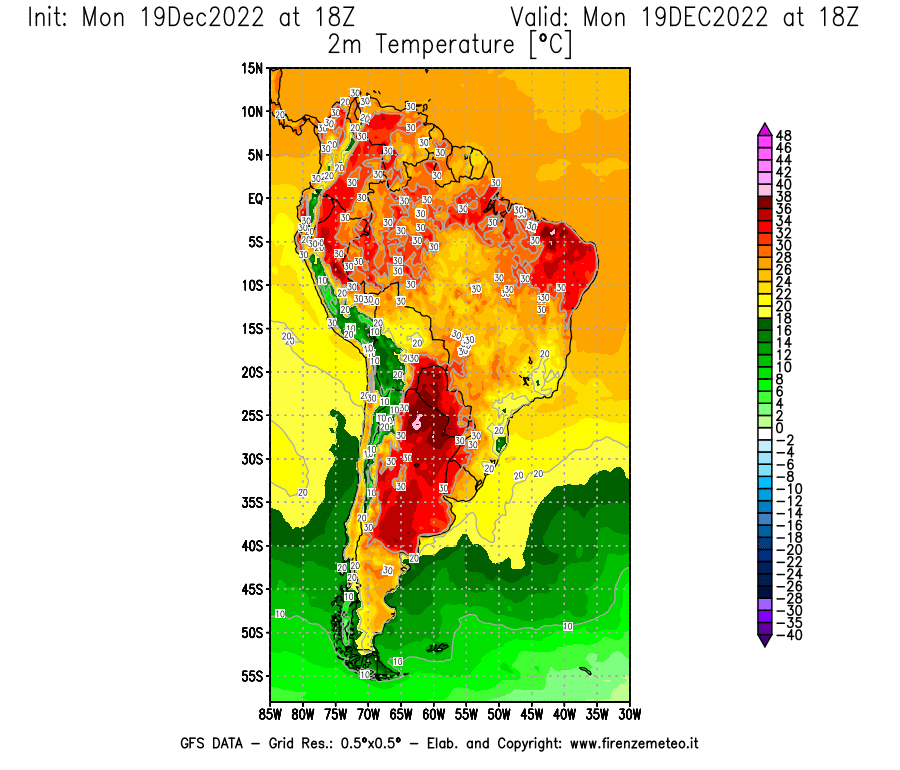Mappa di analisi GFS - Temperatura a 2 metri dal suolo [°C] in Sud-America
							del 19/12/2022 18 <!--googleoff: index-->UTC<!--googleon: index-->