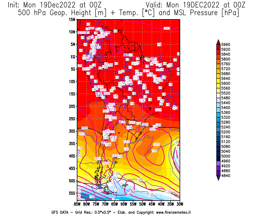 Mappa di analisi GFS - Geopotenziale [m] + Temp. [°C] a 500 hPa + Press. a livello del mare [hPa] in Sud-America
							del 19/12/2022 00 <!--googleoff: index-->UTC<!--googleon: index-->