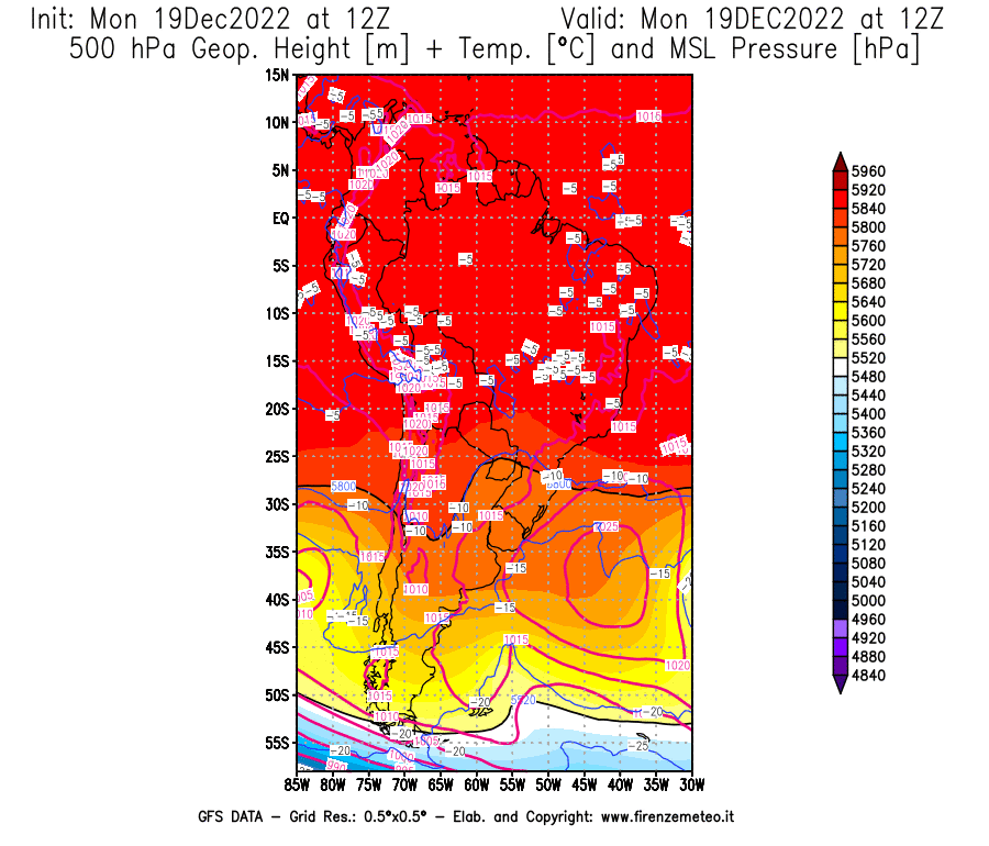 Mappa di analisi GFS - Geopotenziale [m] + Temp. [°C] a 500 hPa + Press. a livello del mare [hPa] in Sud-America
							del 19/12/2022 12 <!--googleoff: index-->UTC<!--googleon: index-->