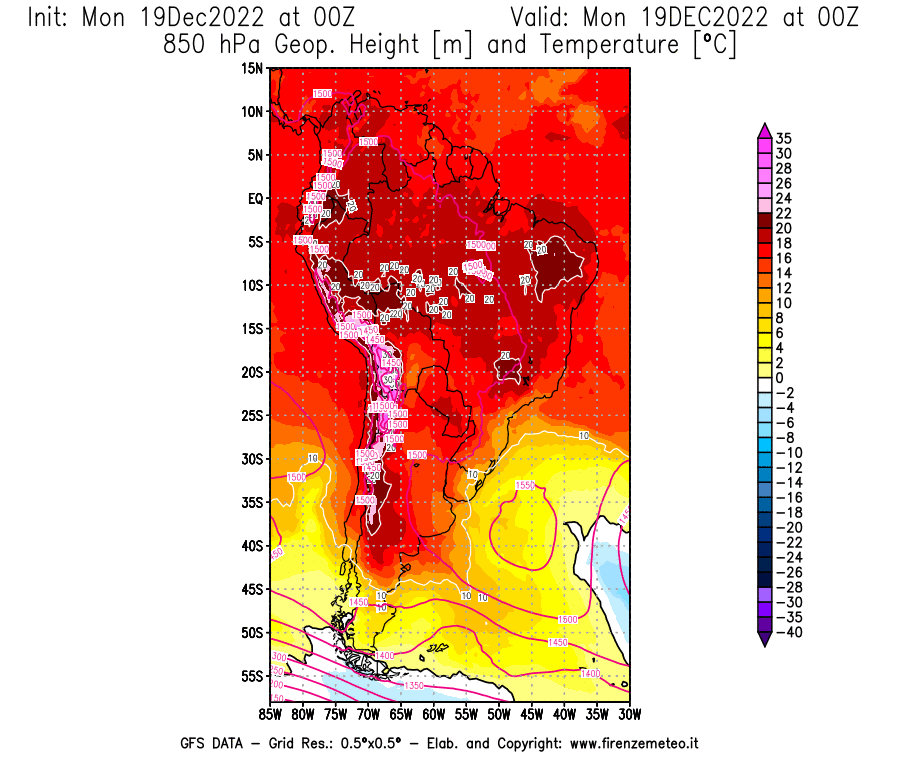 Mappa di analisi GFS - Geopotenziale [m] e Temperatura [°C] a 850 hPa in Sud-America
							del 19/12/2022 00 <!--googleoff: index-->UTC<!--googleon: index-->