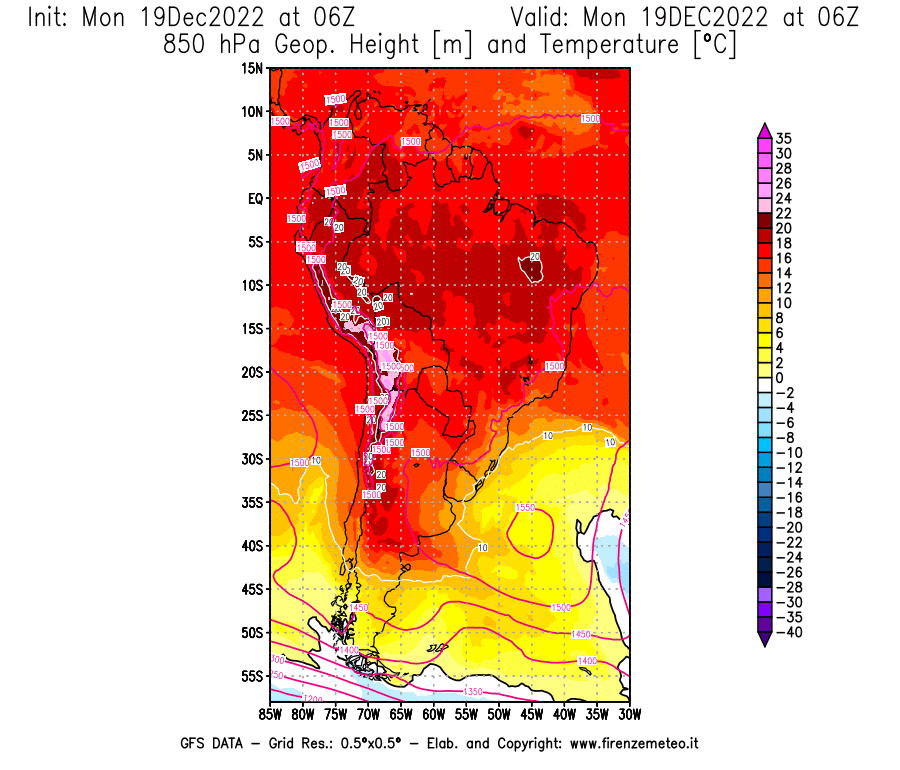 Mappa di analisi GFS - Geopotenziale [m] e Temperatura [°C] a 850 hPa in Sud-America
							del 19/12/2022 06 <!--googleoff: index-->UTC<!--googleon: index-->