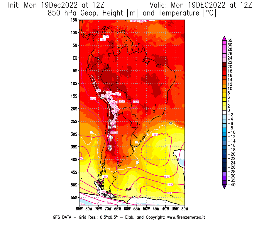 Mappa di analisi GFS - Geopotenziale [m] e Temperatura [°C] a 850 hPa in Sud-America
							del 19/12/2022 12 <!--googleoff: index-->UTC<!--googleon: index-->
