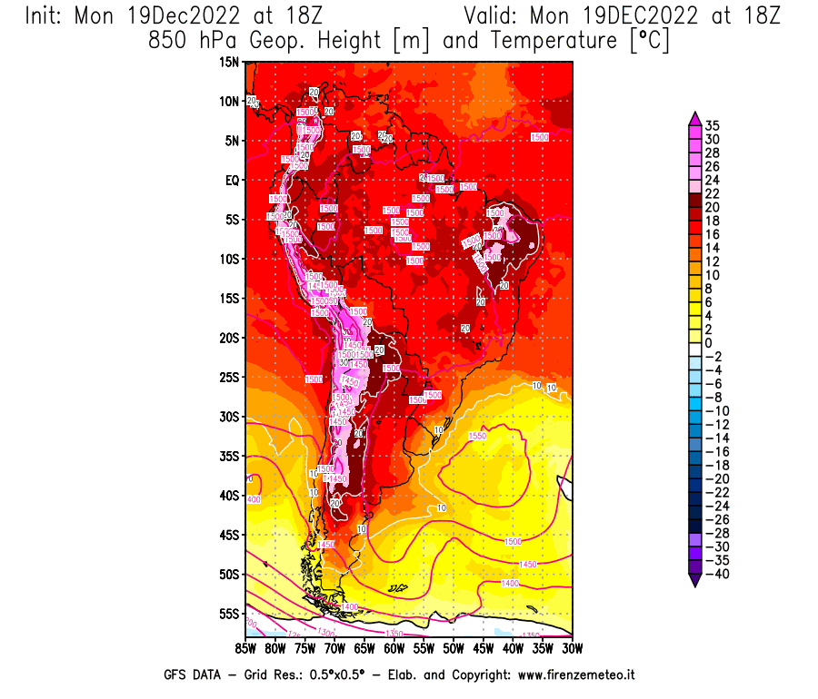 Mappa di analisi GFS - Geopotenziale [m] e Temperatura [°C] a 850 hPa in Sud-America
							del 19/12/2022 18 <!--googleoff: index-->UTC<!--googleon: index-->