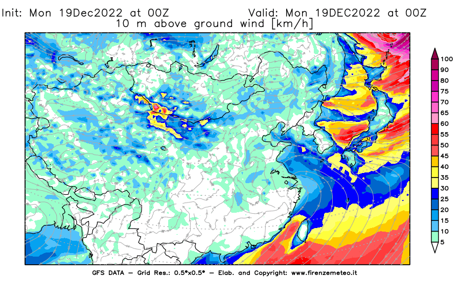 Mappa di analisi GFS - Velocità del vento a 10 metri dal suolo [km/h] in Asia Orientale
							del 19/12/2022 00 <!--googleoff: index-->UTC<!--googleon: index-->