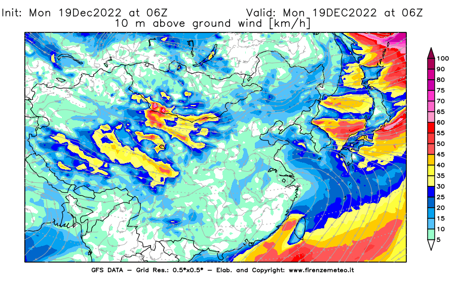Mappa di analisi GFS - Velocità del vento a 10 metri dal suolo [km/h] in Asia Orientale
							del 19/12/2022 06 <!--googleoff: index-->UTC<!--googleon: index-->