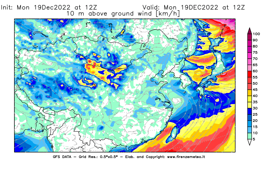 Mappa di analisi GFS - Velocità del vento a 10 metri dal suolo [km/h] in Asia Orientale
							del 19/12/2022 12 <!--googleoff: index-->UTC<!--googleon: index-->