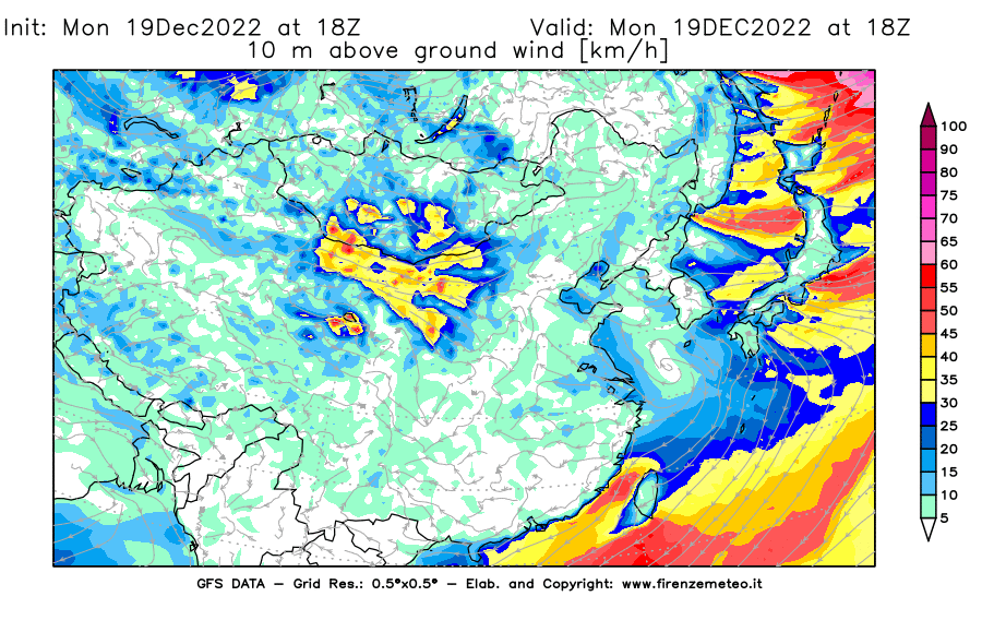 Mappa di analisi GFS - Velocità del vento a 10 metri dal suolo [km/h] in Asia Orientale
							del 19/12/2022 18 <!--googleoff: index-->UTC<!--googleon: index-->