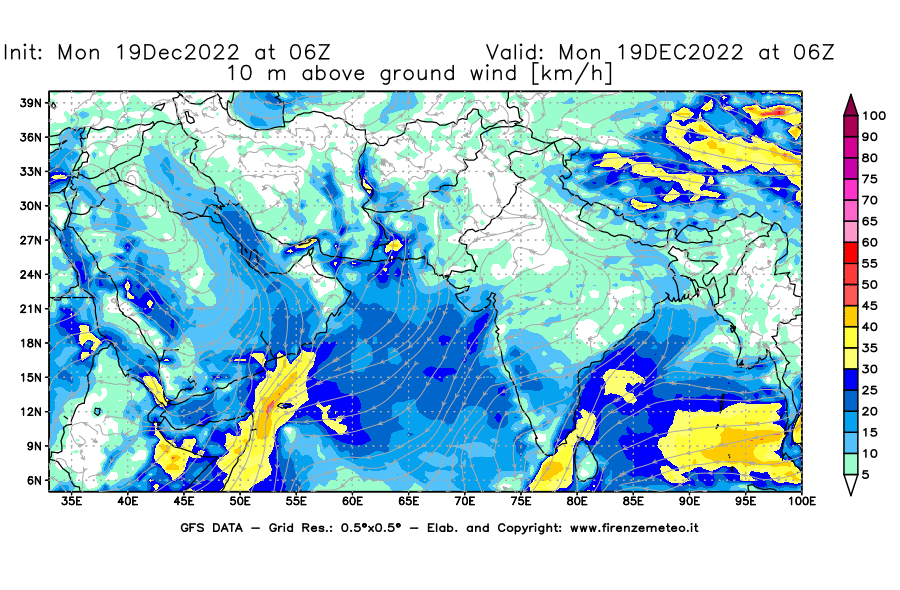 Mappa di analisi GFS - Velocità del vento a 10 metri dal suolo [km/h] in Asia Sud-Occidentale
							del 19/12/2022 06 <!--googleoff: index-->UTC<!--googleon: index-->