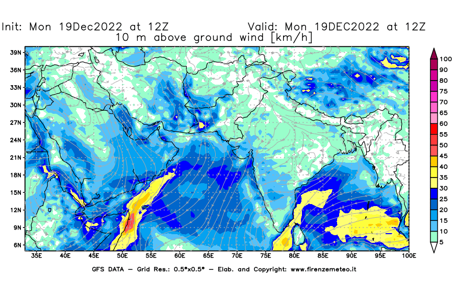 Mappa di analisi GFS - Velocità del vento a 10 metri dal suolo [km/h] in Asia Sud-Occidentale
							del 19/12/2022 12 <!--googleoff: index-->UTC<!--googleon: index-->