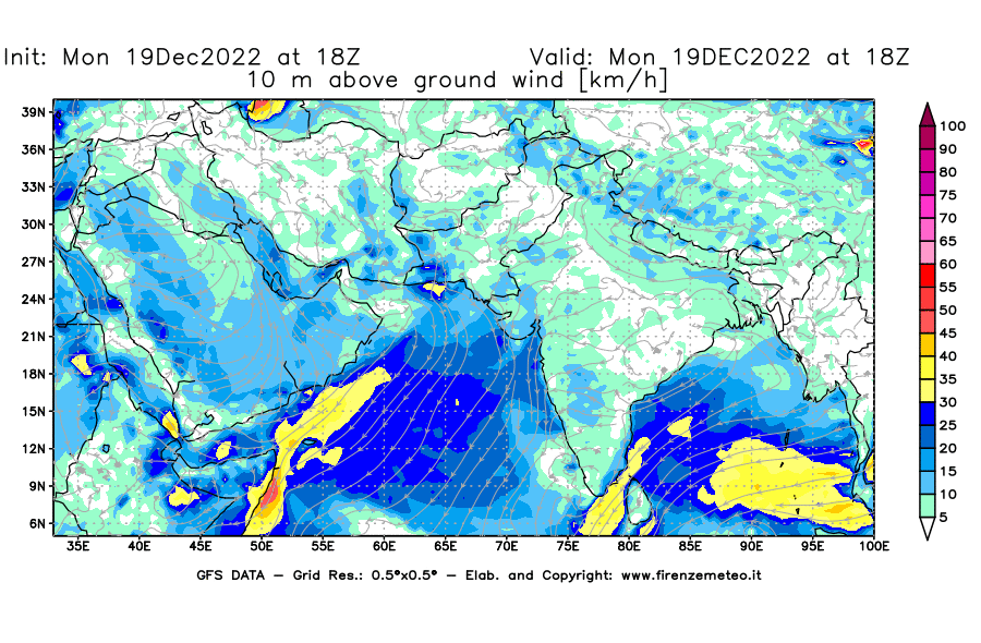 Mappa di analisi GFS - Velocità del vento a 10 metri dal suolo [km/h] in Asia Sud-Occidentale
							del 19/12/2022 18 <!--googleoff: index-->UTC<!--googleon: index-->