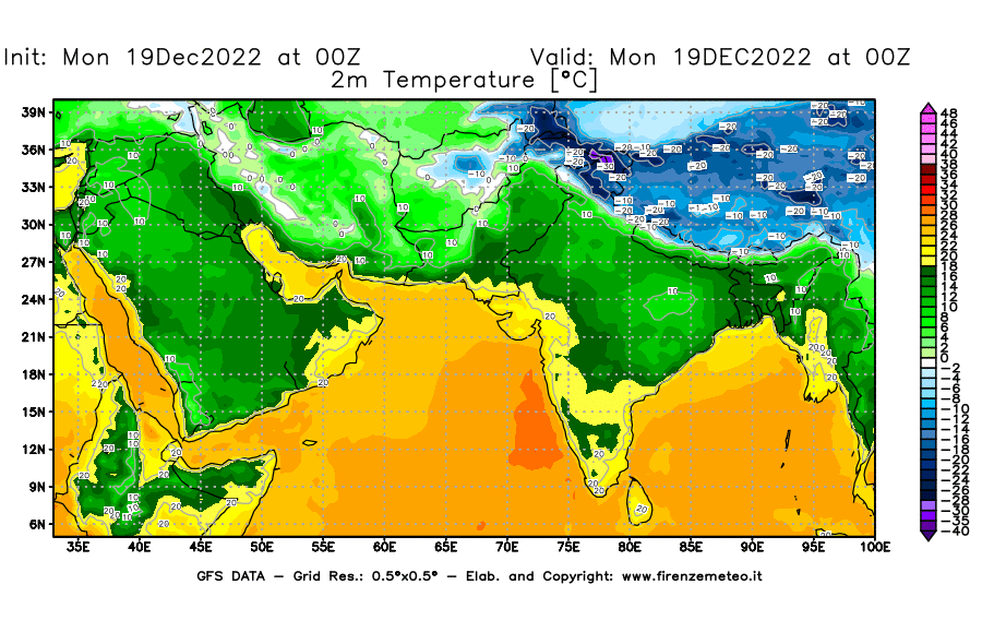 Mappa di analisi GFS - Temperatura a 2 metri dal suolo [°C] in Asia Sud-Occidentale
							del 19/12/2022 00 <!--googleoff: index-->UTC<!--googleon: index-->