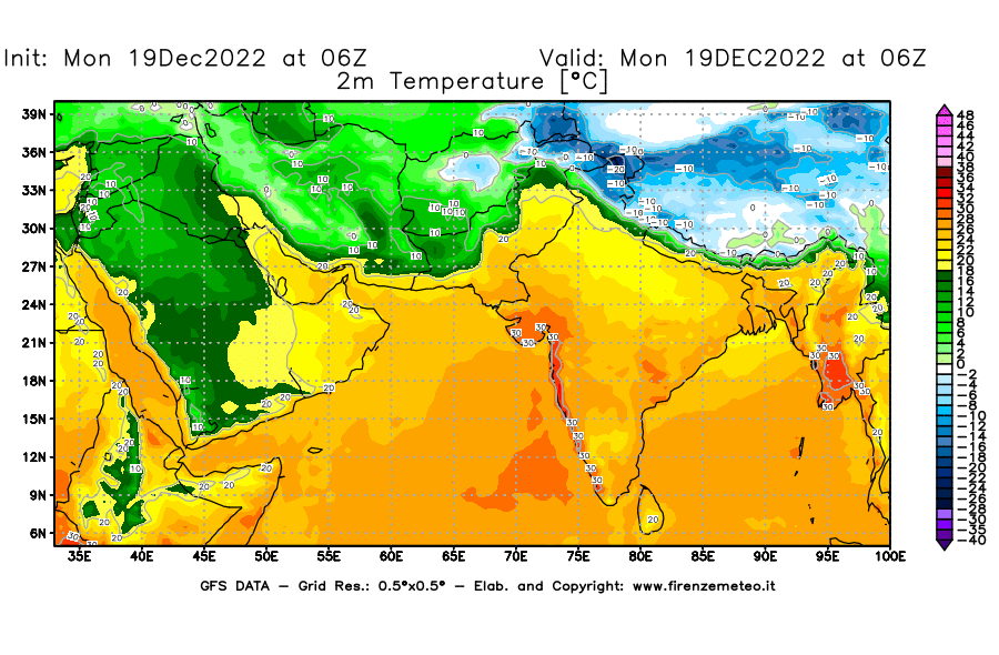 Mappa di analisi GFS - Temperatura a 2 metri dal suolo [°C] in Asia Sud-Occidentale
							del 19/12/2022 06 <!--googleoff: index-->UTC<!--googleon: index-->