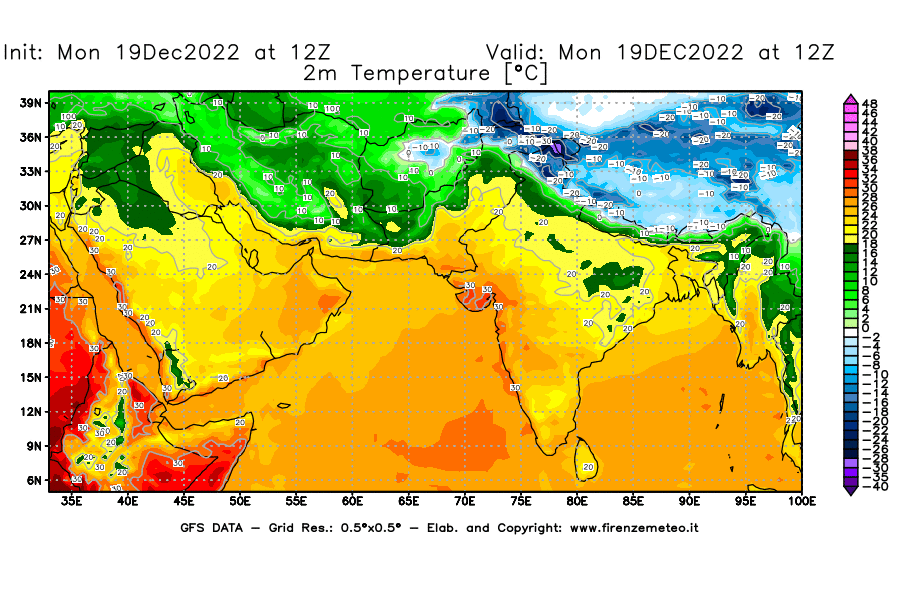 Mappa di analisi GFS - Temperatura a 2 metri dal suolo [°C] in Asia Sud-Occidentale
							del 19/12/2022 12 <!--googleoff: index-->UTC<!--googleon: index-->