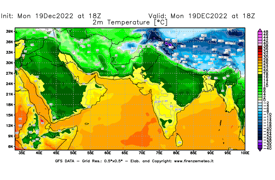 Mappa di analisi GFS - Temperatura a 2 metri dal suolo [°C] in Asia Sud-Occidentale
							del 19/12/2022 18 <!--googleoff: index-->UTC<!--googleon: index-->