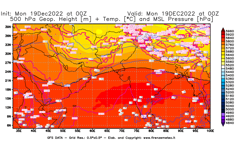 Mappa di analisi GFS - Geopotenziale [m] + Temp. [°C] a 500 hPa + Press. a livello del mare [hPa] in Asia Sud-Occidentale
							del 19/12/2022 00 <!--googleoff: index-->UTC<!--googleon: index-->