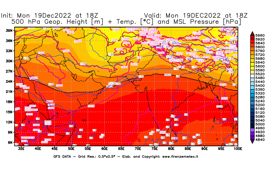 Mappa di analisi GFS - Geopotenziale [m] + Temp. [°C] a 500 hPa + Press. a livello del mare [hPa] in Asia Sud-Occidentale
							del 19/12/2022 18 <!--googleoff: index-->UTC<!--googleon: index-->