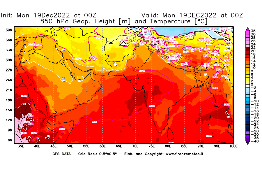 Mappa di analisi GFS - Geopotenziale [m] e Temperatura [°C] a 850 hPa in Asia Sud-Occidentale
							del 19/12/2022 00 <!--googleoff: index-->UTC<!--googleon: index-->