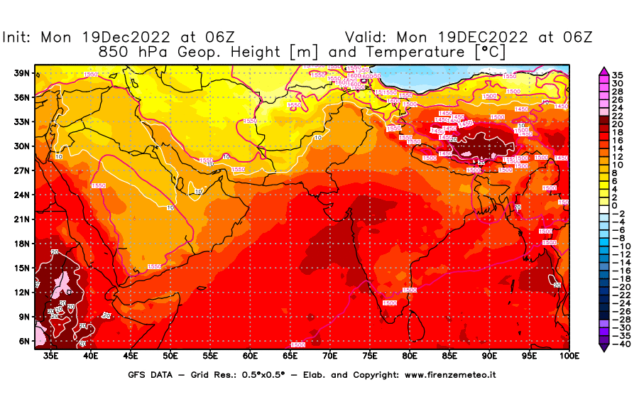Mappa di analisi GFS - Geopotenziale [m] e Temperatura [°C] a 850 hPa in Asia Sud-Occidentale
							del 19/12/2022 06 <!--googleoff: index-->UTC<!--googleon: index-->