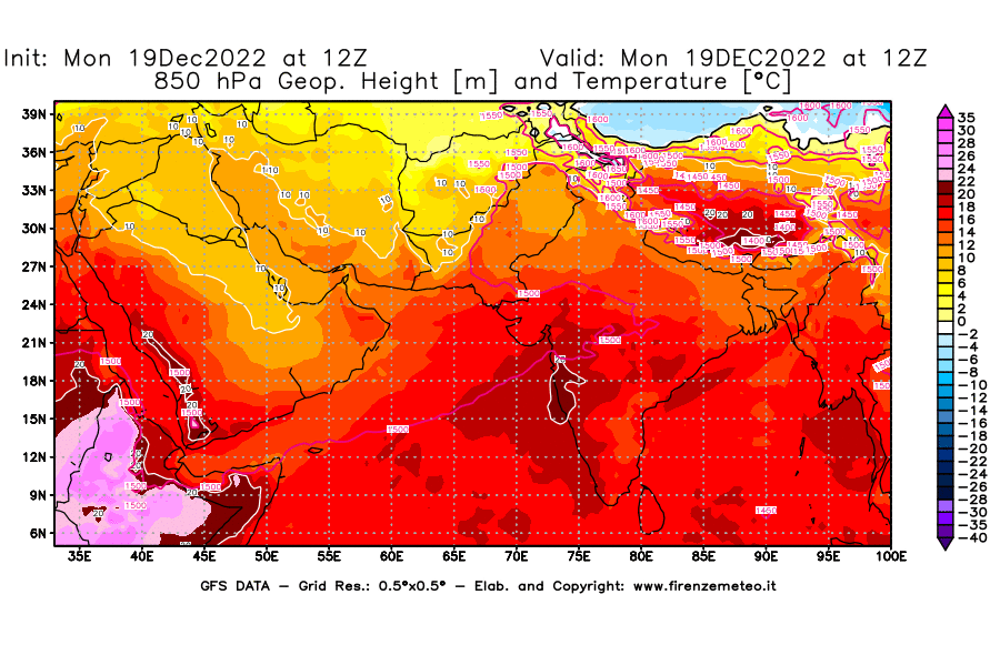 Mappa di analisi GFS - Geopotenziale [m] e Temperatura [°C] a 850 hPa in Asia Sud-Occidentale
							del 19/12/2022 12 <!--googleoff: index-->UTC<!--googleon: index-->
