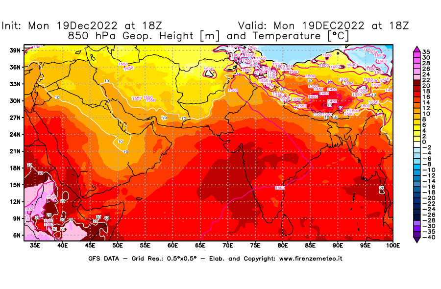 Mappa di analisi GFS - Geopotenziale [m] e Temperatura [°C] a 850 hPa in Asia Sud-Occidentale
							del 19/12/2022 18 <!--googleoff: index-->UTC<!--googleon: index-->