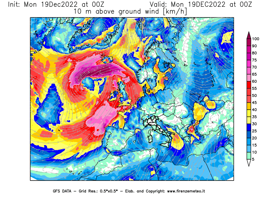 Mappa di analisi GFS - Velocità del vento a 10 metri dal suolo [km/h] in Europa
							del 19/12/2022 00 <!--googleoff: index-->UTC<!--googleon: index-->