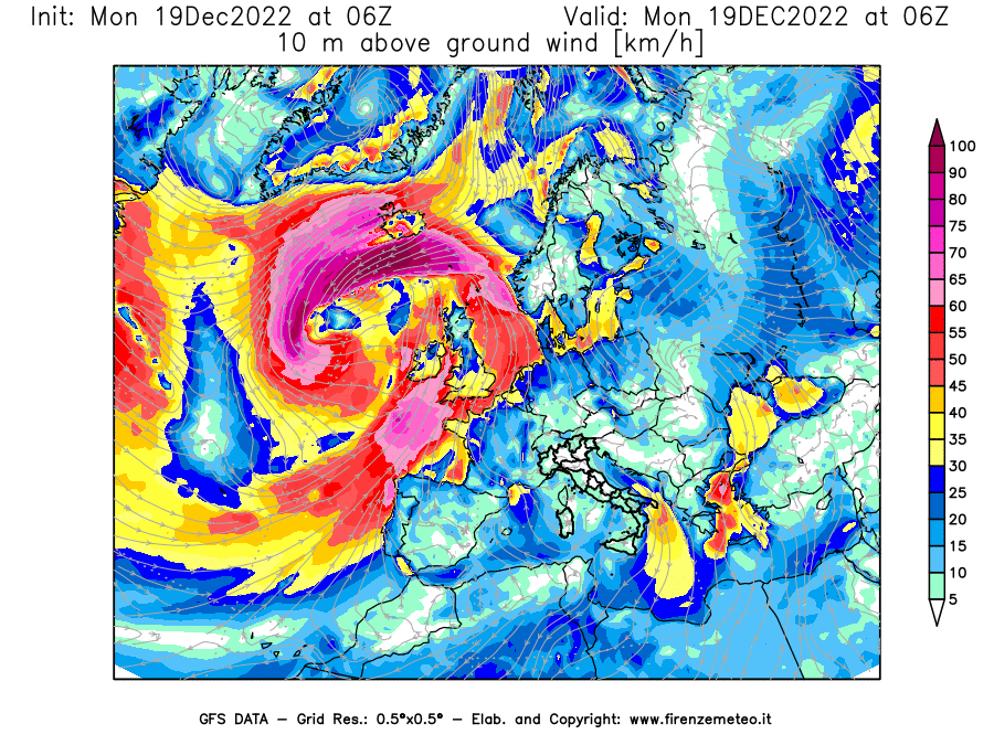 Mappa di analisi GFS - Velocità del vento a 10 metri dal suolo [km/h] in Europa
							del 19/12/2022 06 <!--googleoff: index-->UTC<!--googleon: index-->