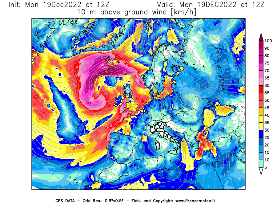 Mappa di analisi GFS - Velocità del vento a 10 metri dal suolo [km/h] in Europa
							del 19/12/2022 12 <!--googleoff: index-->UTC<!--googleon: index-->