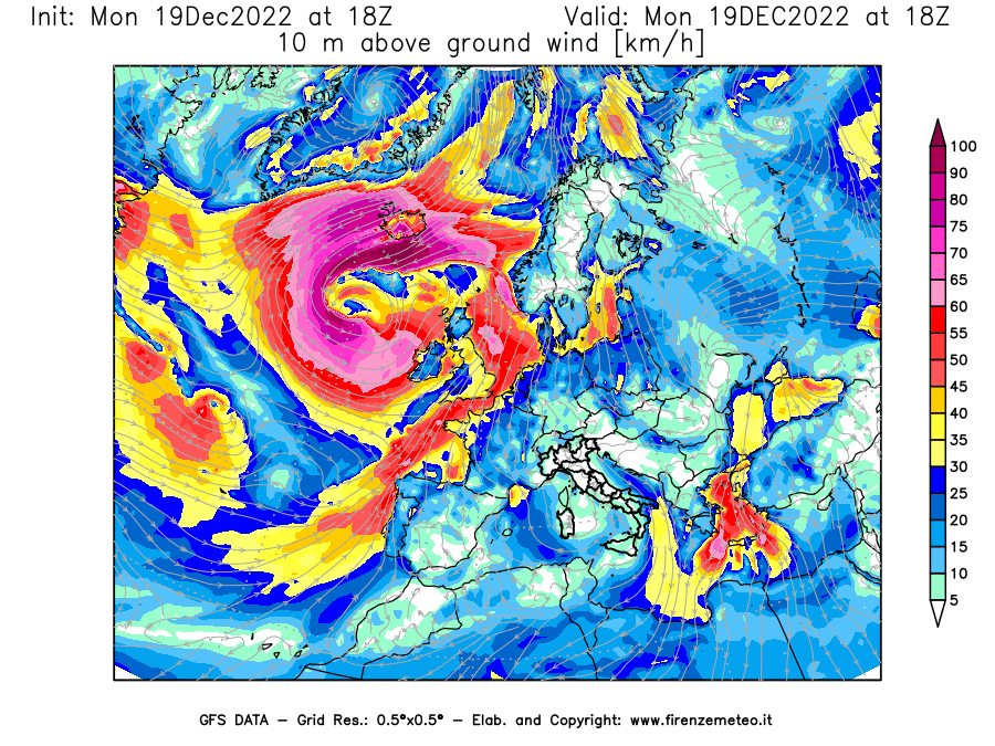 Mappa di analisi GFS - Velocità del vento a 10 metri dal suolo [km/h] in Europa
							del 19/12/2022 18 <!--googleoff: index-->UTC<!--googleon: index-->