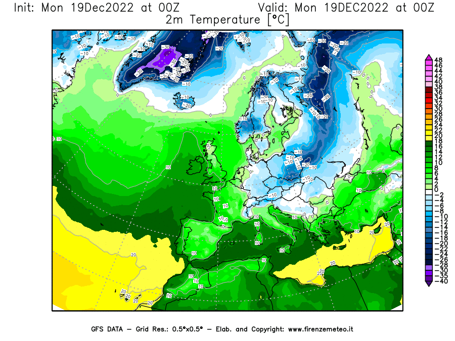 Mappa di analisi GFS - Temperatura a 2 metri dal suolo [°C] in Europa
							del 19/12/2022 00 <!--googleoff: index-->UTC<!--googleon: index-->