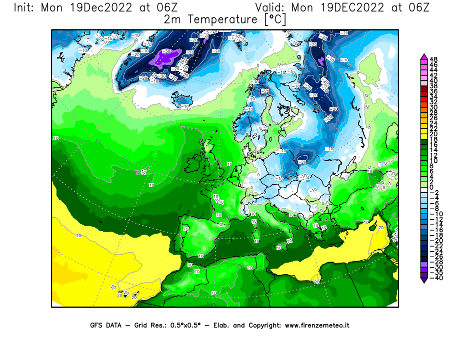 Mappa di analisi GFS - Temperatura a 2 metri dal suolo [°C] in Europa
							del 19/12/2022 06 <!--googleoff: index-->UTC<!--googleon: index-->