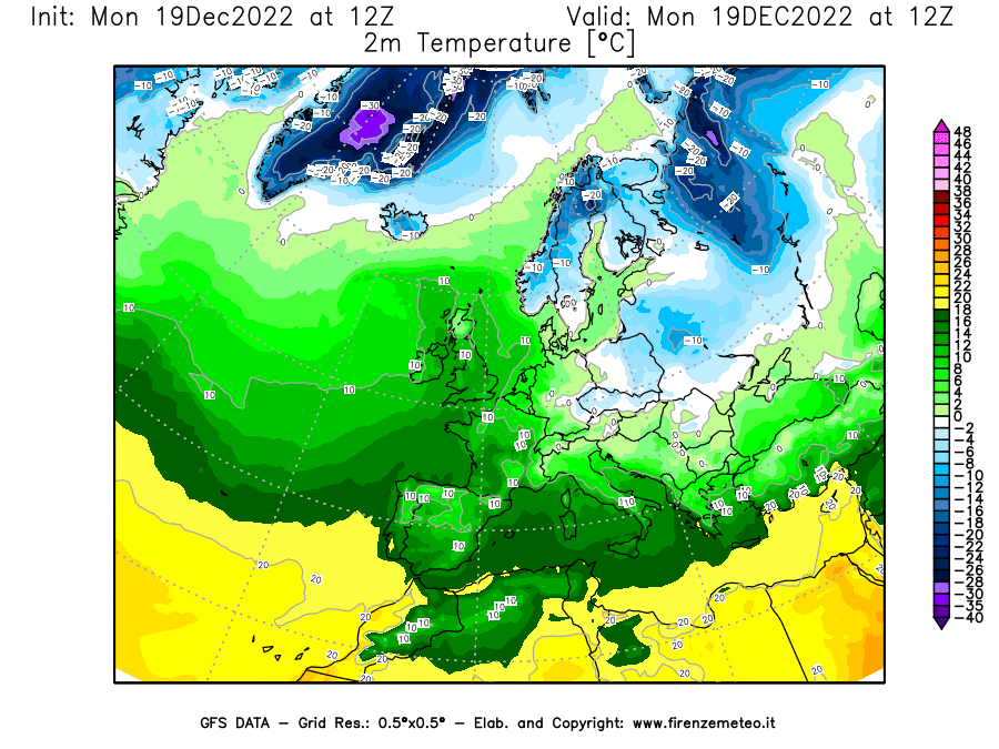 Mappa di analisi GFS - Temperatura a 2 metri dal suolo [°C] in Europa
							del 19/12/2022 12 <!--googleoff: index-->UTC<!--googleon: index-->
