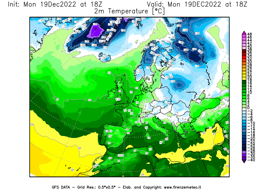 Mappa di analisi GFS - Temperatura a 2 metri dal suolo [°C] in Europa
							del 19/12/2022 18 <!--googleoff: index-->UTC<!--googleon: index-->