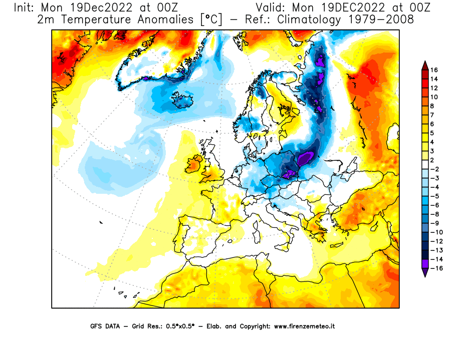 Mappa di analisi GFS - Anomalia Temperatura [°C] a 2 m in Europa
							del 19/12/2022 00 <!--googleoff: index-->UTC<!--googleon: index-->