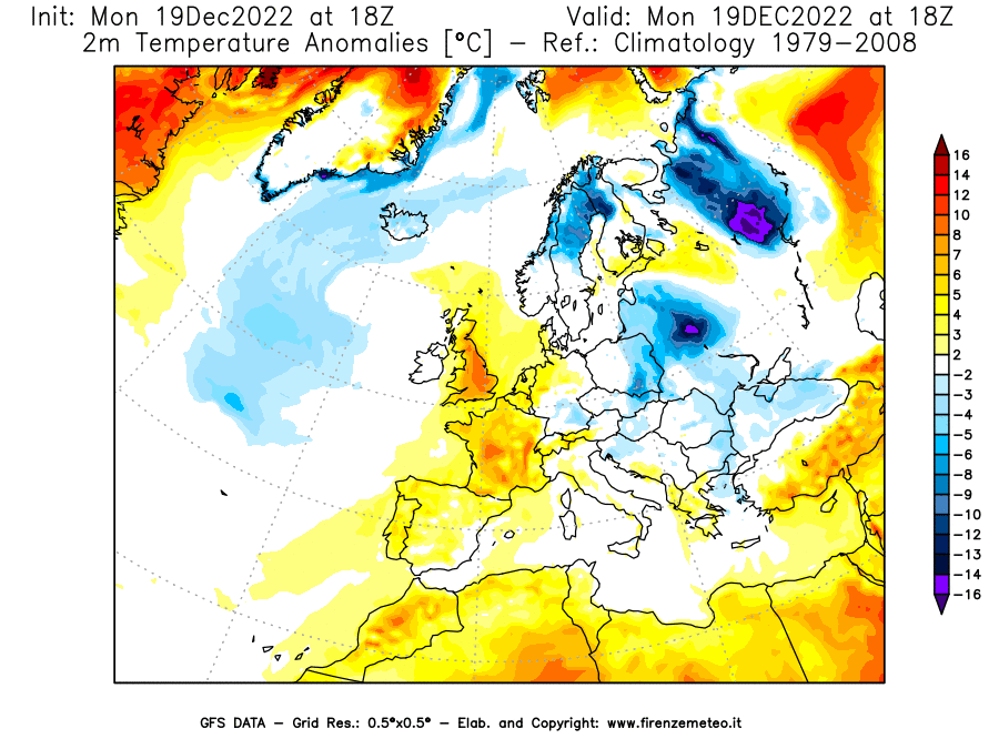 Mappa di analisi GFS - Anomalia Temperatura [°C] a 2 m in Europa
							del 19/12/2022 18 <!--googleoff: index-->UTC<!--googleon: index-->