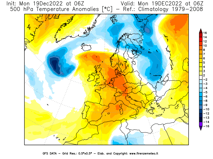 Mappa di analisi GFS - Anomalia Temperatura [°C] a 500 hPa in Europa
							del 19/12/2022 06 <!--googleoff: index-->UTC<!--googleon: index-->