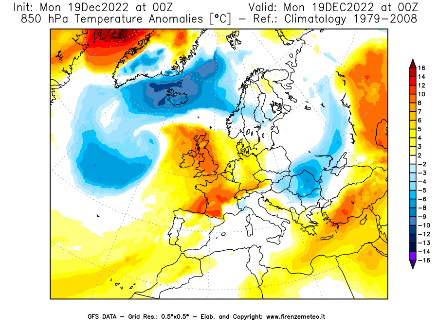 Mappa di analisi GFS - Anomalia Temperatura [°C] a 850 hPa in Europa
							del 19/12/2022 00 <!--googleoff: index-->UTC<!--googleon: index-->