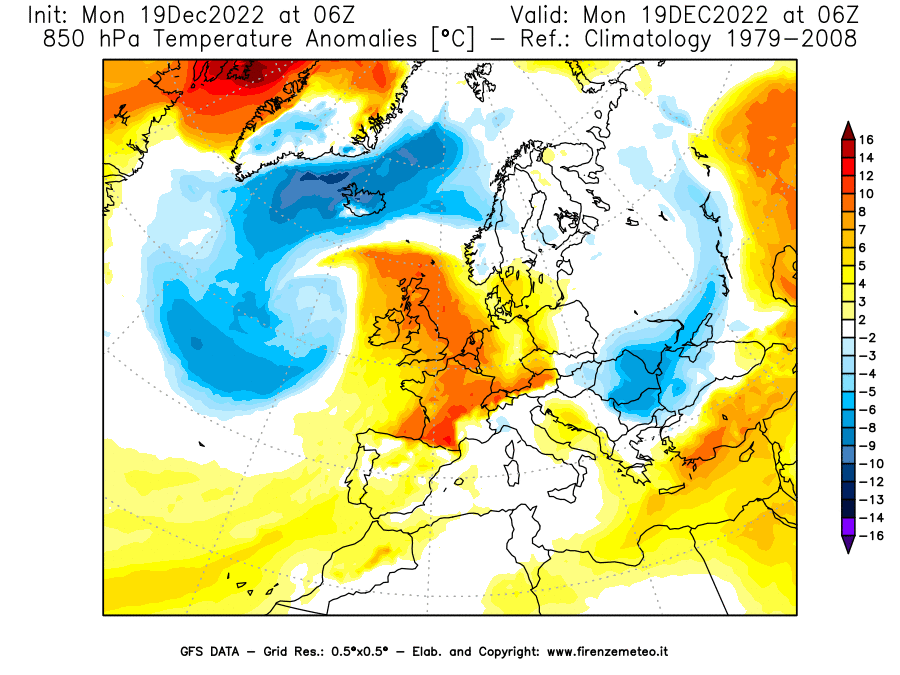 Mappa di analisi GFS - Anomalia Temperatura [°C] a 850 hPa in Europa
							del 19/12/2022 06 <!--googleoff: index-->UTC<!--googleon: index-->