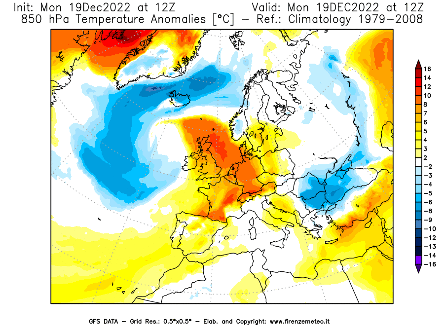 Mappa di analisi GFS - Anomalia Temperatura [°C] a 850 hPa in Europa
							del 19/12/2022 12 <!--googleoff: index-->UTC<!--googleon: index-->